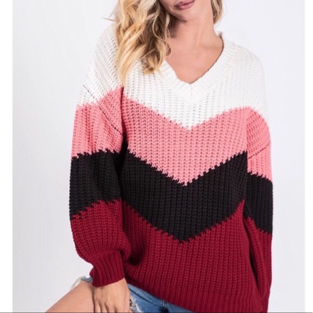 $ FIRM 🌷 Burgundy Chevron Colorblock Sweater - Picture 5 of 8